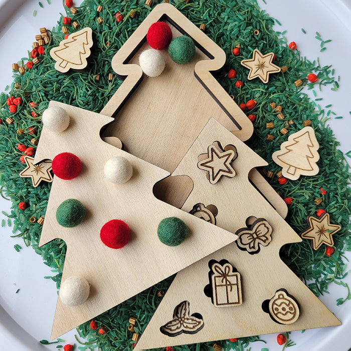 Plateau sensoriel sapin 3-en-1 en bois – Transvasement, puzzle et motricité fine dès 18 mois Brin de frimousse