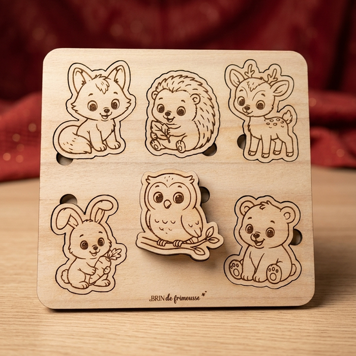 Puzzle animaux en bois dès 18 mois – 6 animaux à encastrer Brin de frimousse
