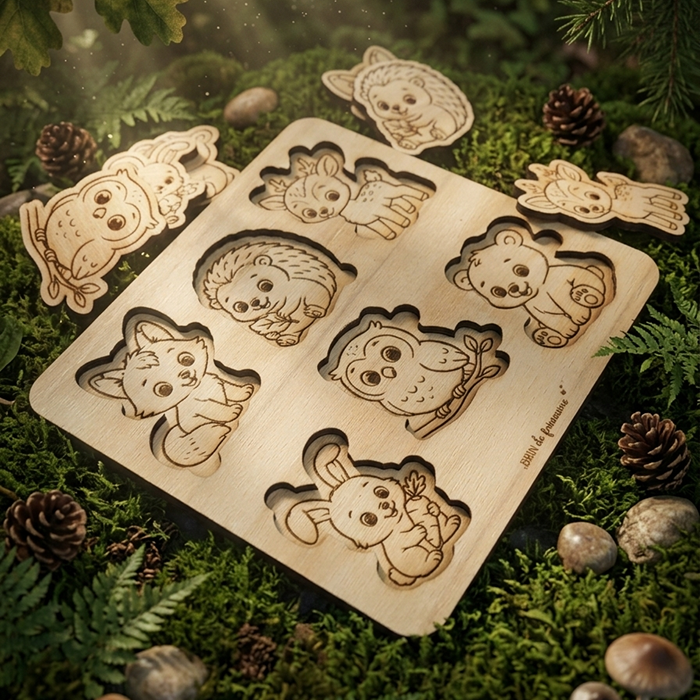 Puzzle animaux en bois dès 18 mois – 6 animaux à encastrer Brin de frimousse