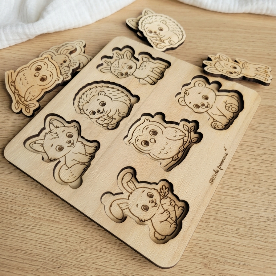 Puzzle animaux en bois dès 18 mois – 6 animaux à encastrer Brin de frimousse